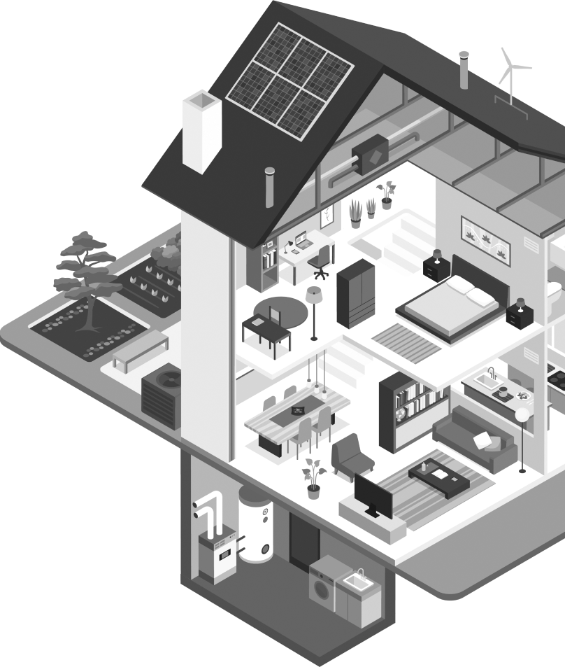 Grayscale vector drawing of a house with the walls cutaway